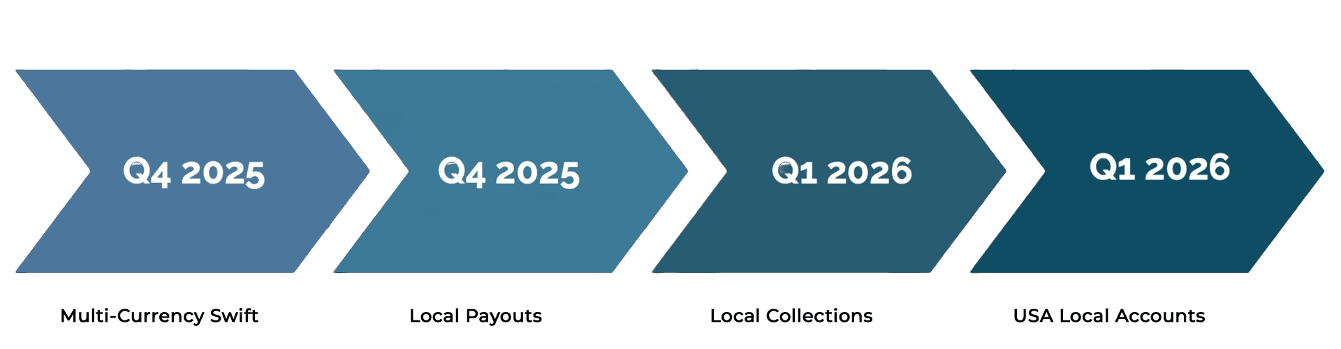 Roadmap: Q4 2025 Multi-Currency Swift, Q4 2025 Local Payouts, Q1 2026 Local Collections, Q1 2026 USA Local Accounts